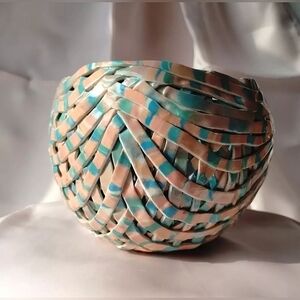 Barbara Cahn TURQUOISE PINK TANGLE Art Pottery Bowl Basket ceramic Round Signed